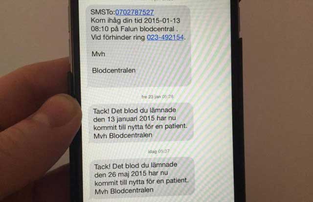 SMS ucapan terima kasih yang diterima pendonor
