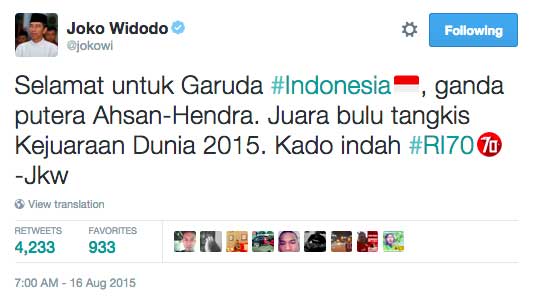 Salah satu postingan Presiden Jokowi dalam memeriahkan #RI70