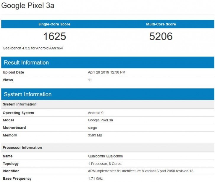 Hasil Geekbench Google Pixel 3a XL
