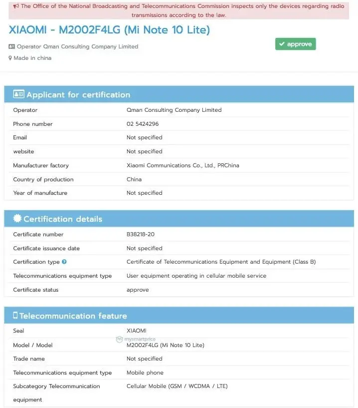 Mi Note 10 Lite di NTBC Thailand