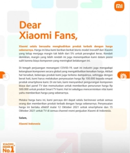 Surat pernyataan Xiaomi naik harga