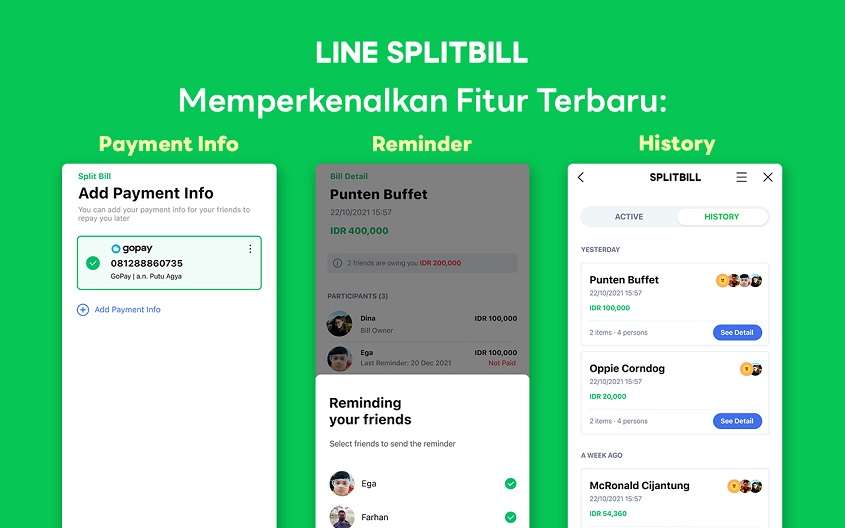 Payment Info, Reminder, dan History Tersedia di Line Splitbill