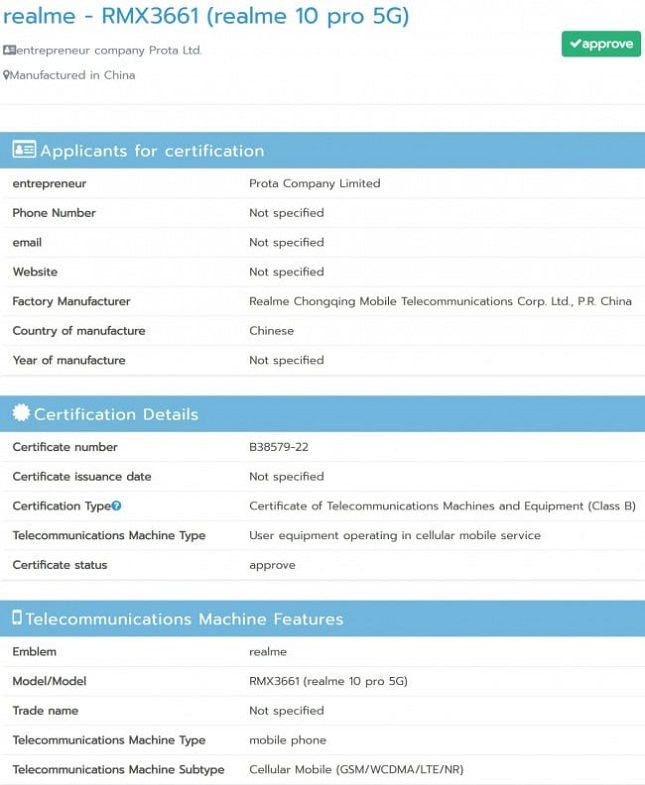 Realme 10 Pro 5G Kantongi Sertifikat NBTC