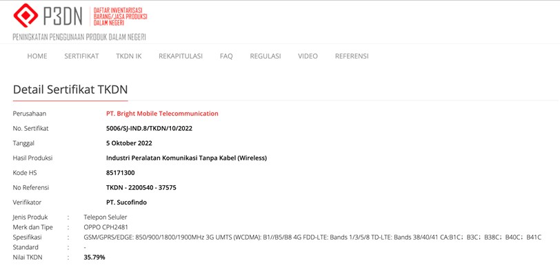 Oppo CPH2481 di situs P3DN Kemenperin