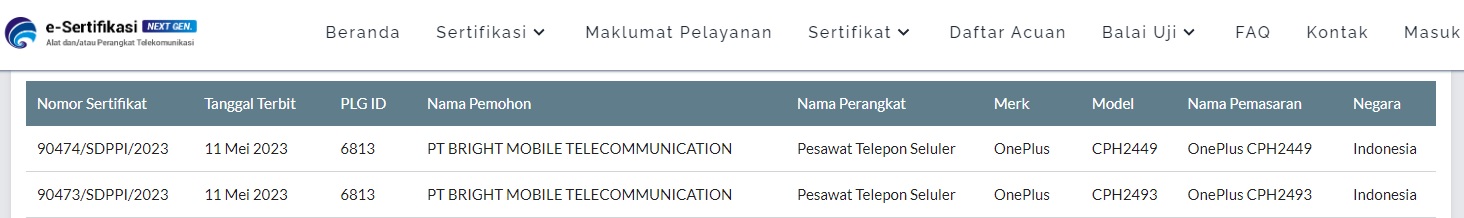 Tangkapan layar model ponsel OnePlus CPH2493 (OnePlus Nord 3) dan OnePlus CPH2449 (OnePlus 11 5G) di halaman e-Sertifikasi Postel di situs Direktorat Jenderal Sumber Daya dan Perangkat Pos dan Informatika (Ditjen SDPPI) Kominfo