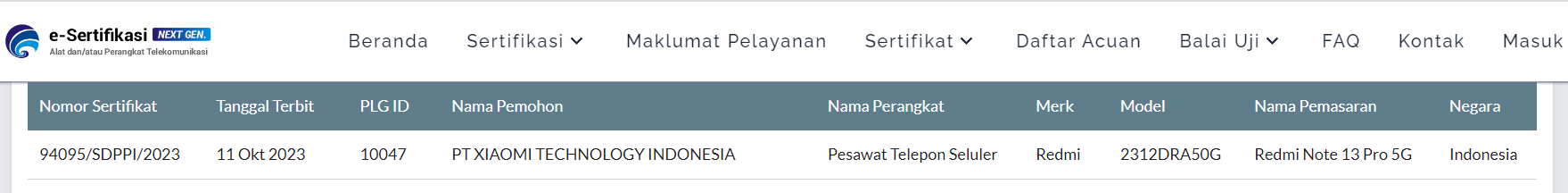 Redmi Note 13 Pro 5G di halaman Postel