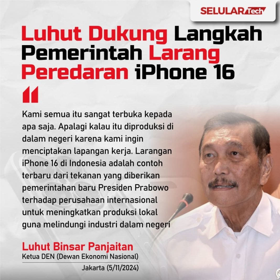 Ketua Dewan Ekonomi Nasional, Luhut Binsar Pandjaitan membahas kebijakan pemerintah yang belum mengizinkan penjualan iPhone 16 di Indonesia.