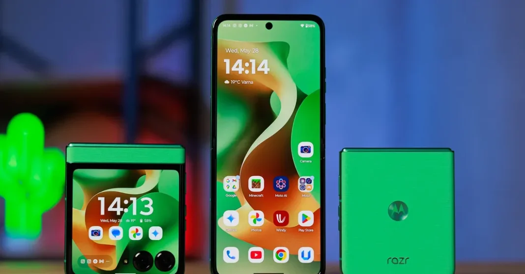 Motorola Razr (2025) dalam berbagai sudut di atas meja kayu dengan latar belakang hijau buram