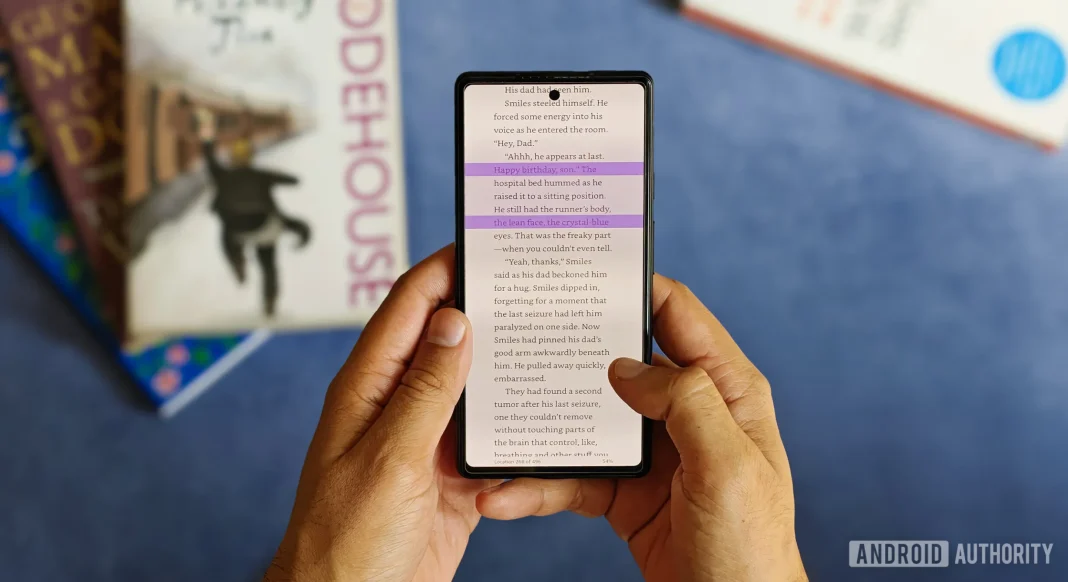 Tampilan membaca nyaman di aplikasi Kindle Android dengan garis bawah teks