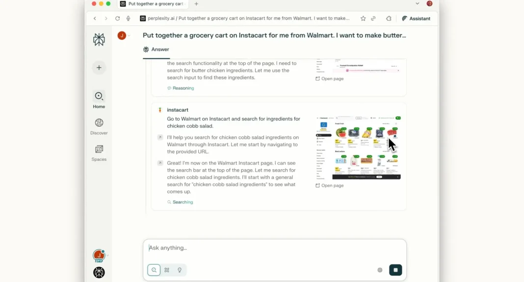 Tampilan antarmuka browser Comet oleh Perplexity