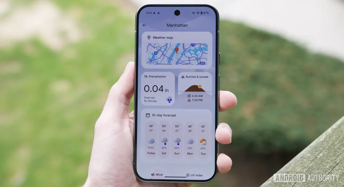The Pixel Weather app running on a Google Pixel 9 Pro.