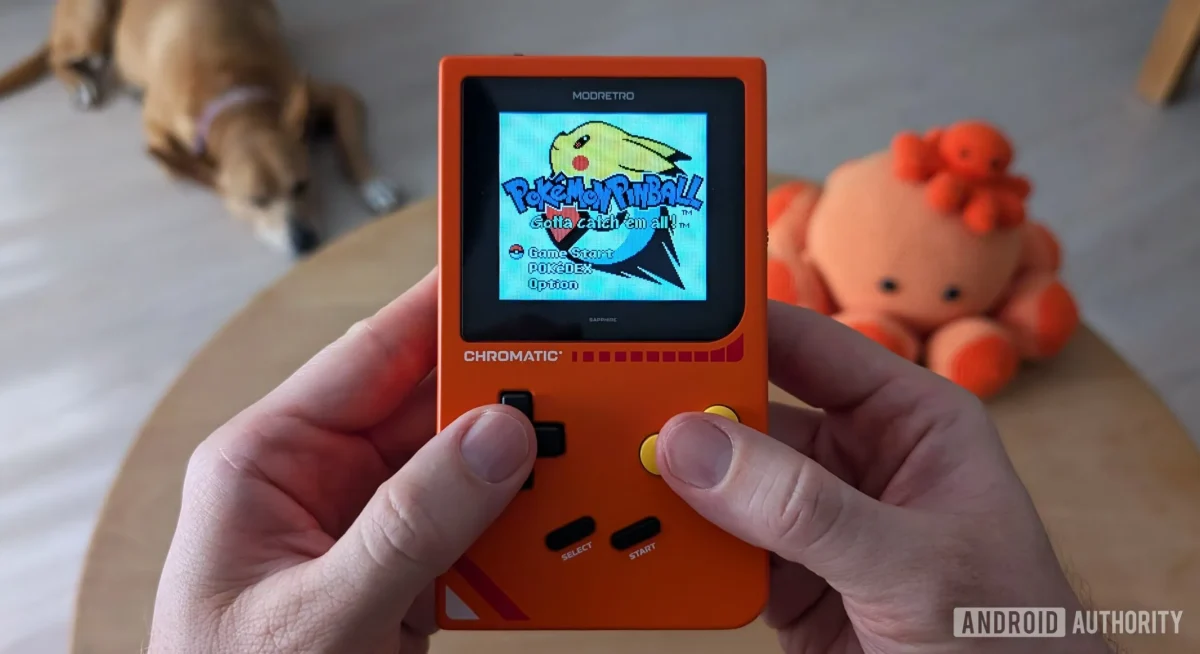 ModRetro Chromatic in hands Pokemon Pinball