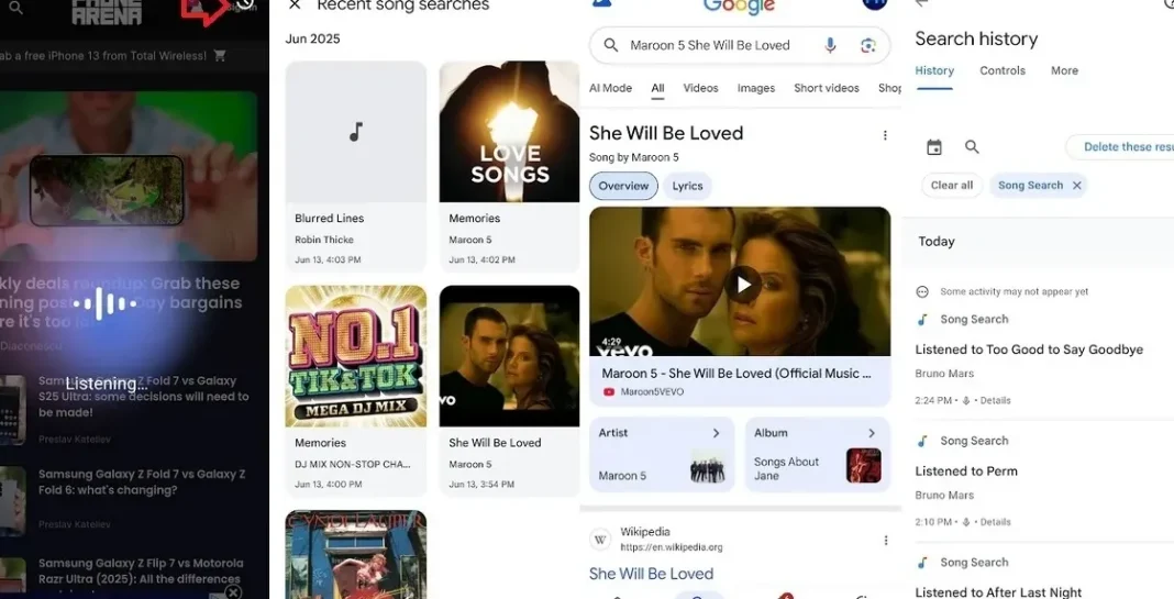 Tampilan antarmuka Circle to Search untuk melihat riwayat pencarian lagu di Android