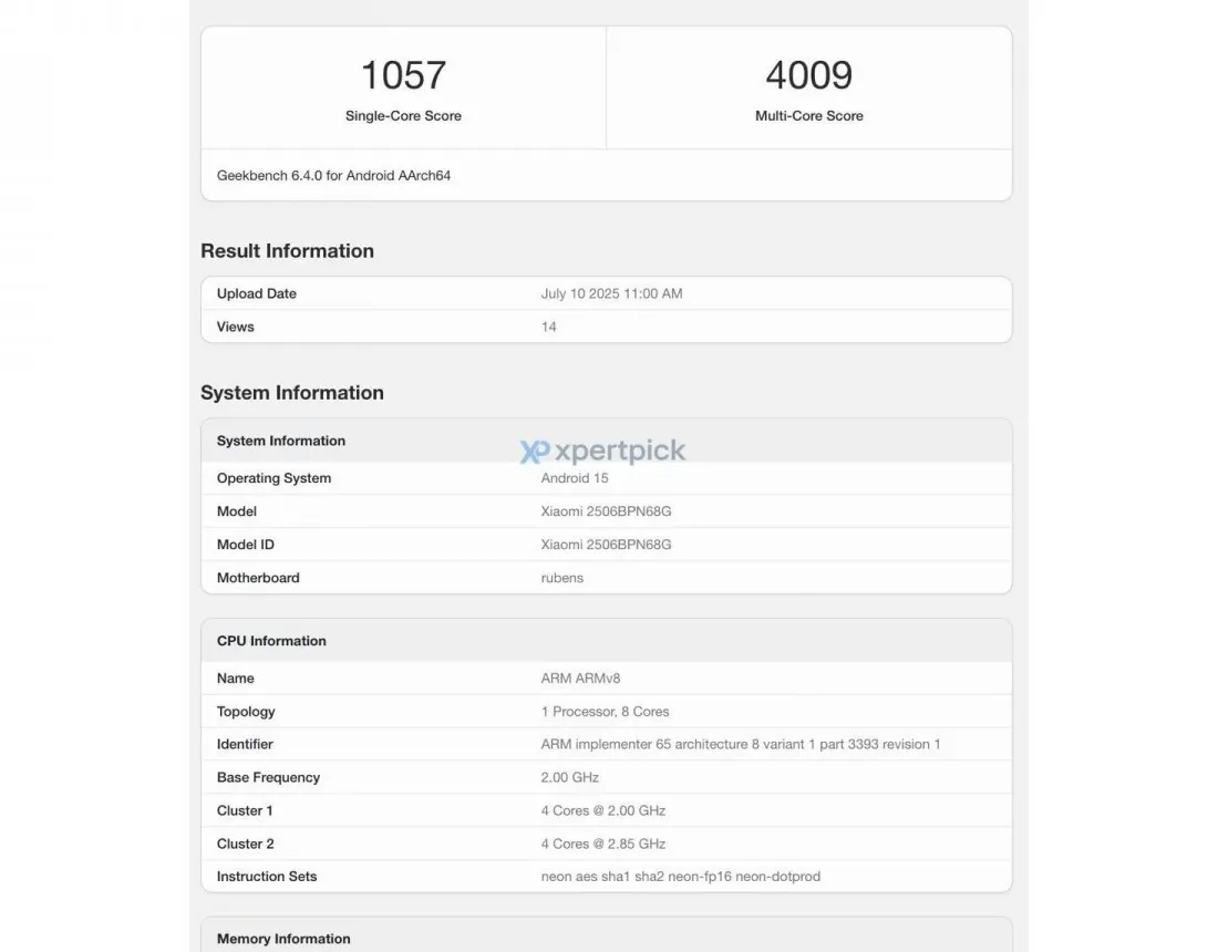 Xiaomi 15T Pro name and model number confirmed as it's spotted on Geekbench