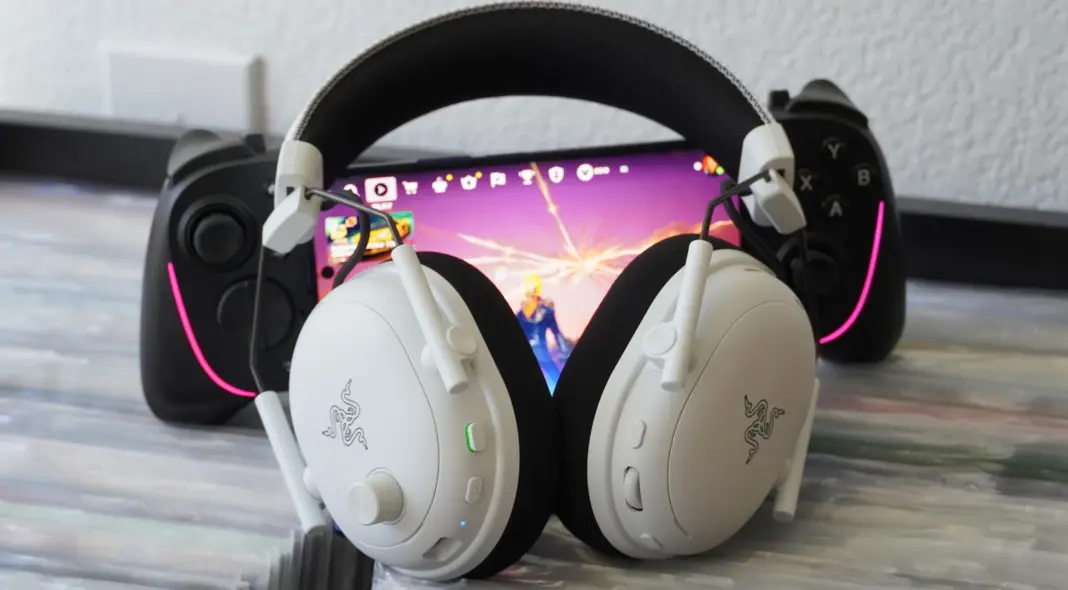 The Razer BlackShark V3 Pro gaming headset laid atop records.