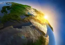 Ilustrasi Bumi berotasi lebih cepat dengan bulan di kejauhan