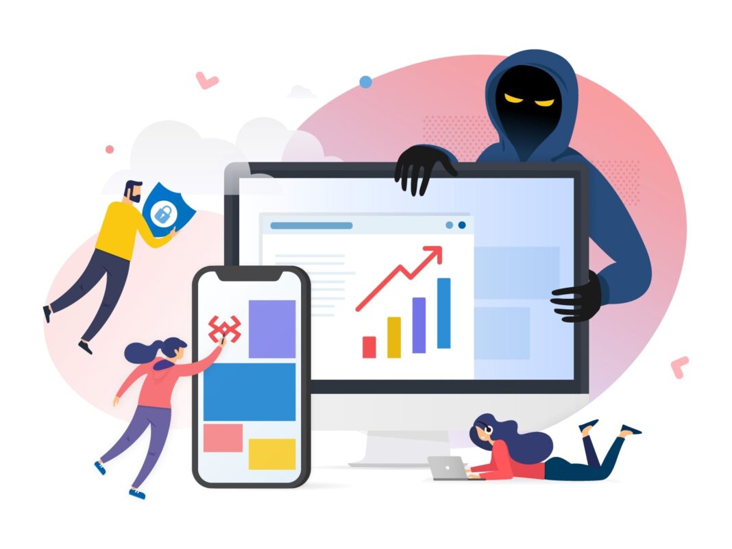 Ilustrasi penipuan online melalui smartphone dan transaksi digital