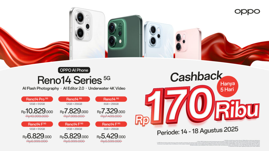 OPPO Gelar Promo Merdeka: Diskon 90%, Cashback Rp170 Ribu, dan Produk Mulai Rp17 Ribu