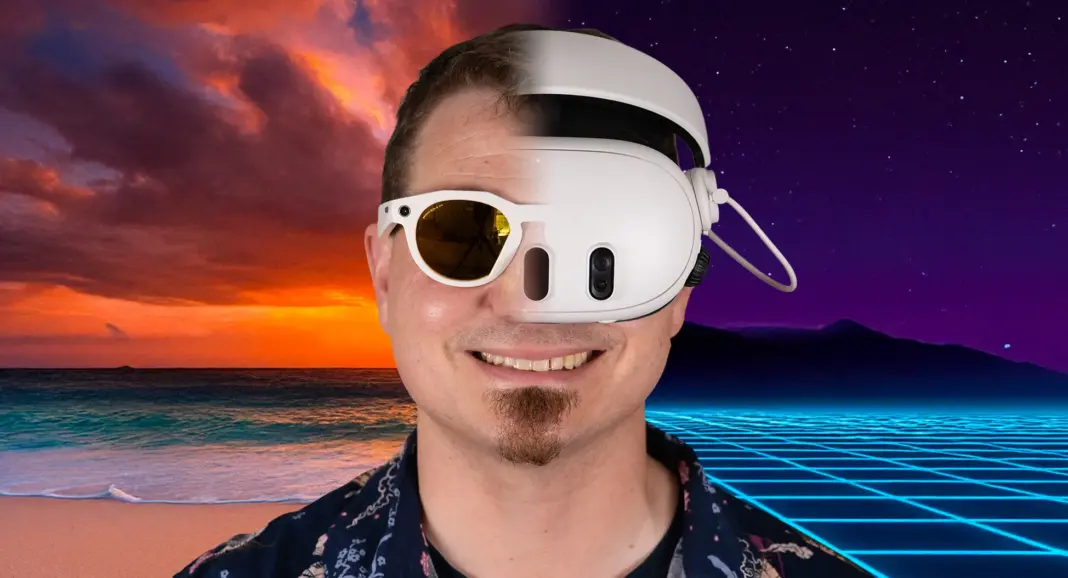Wearing Oakley Meta HSTN smart glasses with a sunset beach background and a Meta Quest 3 headset with a synthwave 80s style background