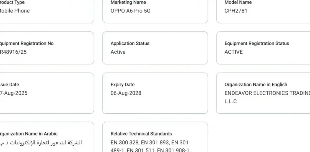 Oppo A6 Pro 5G dengan sertifikasi BIS India dan TDRA UAE