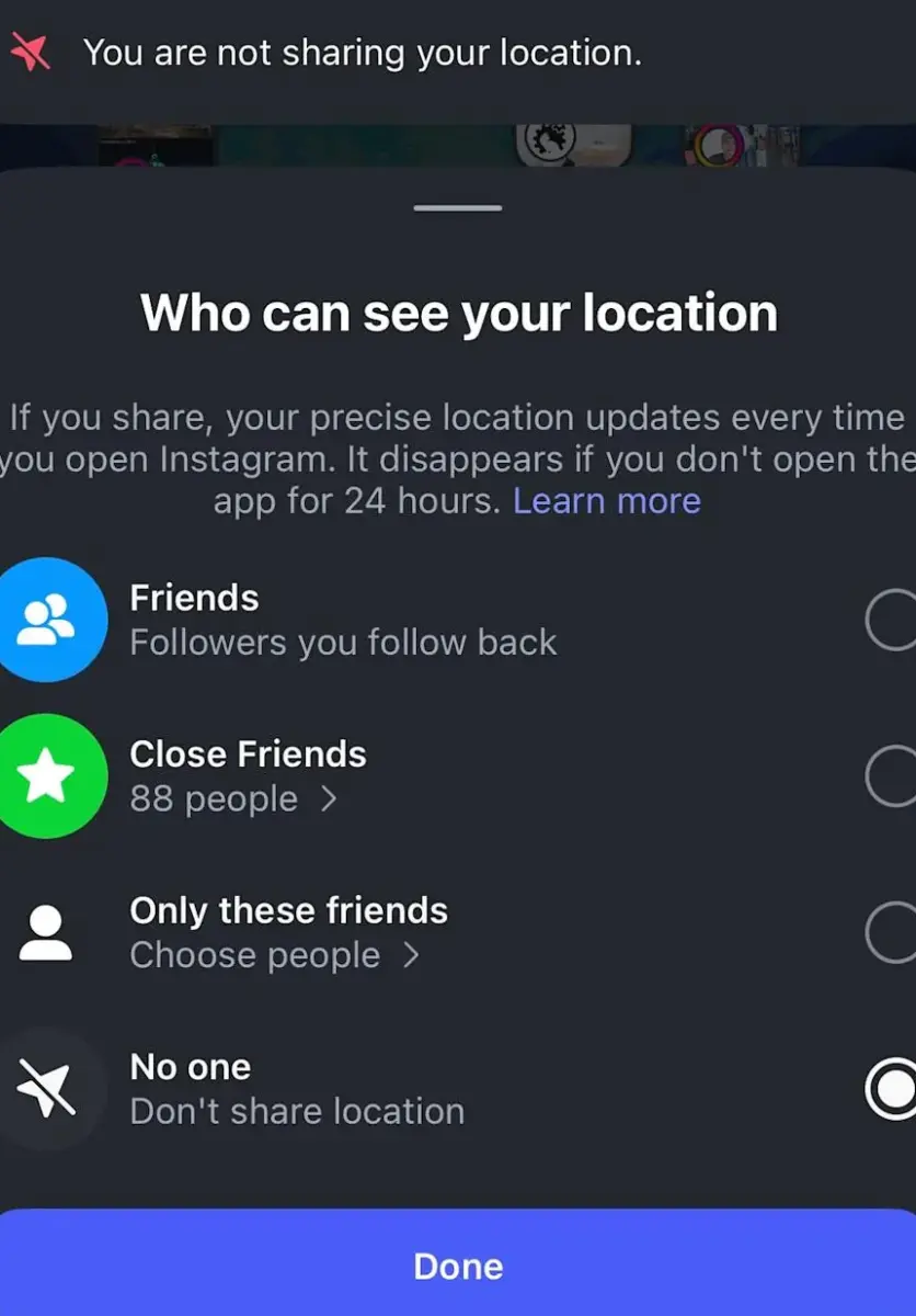Instagram map settings.