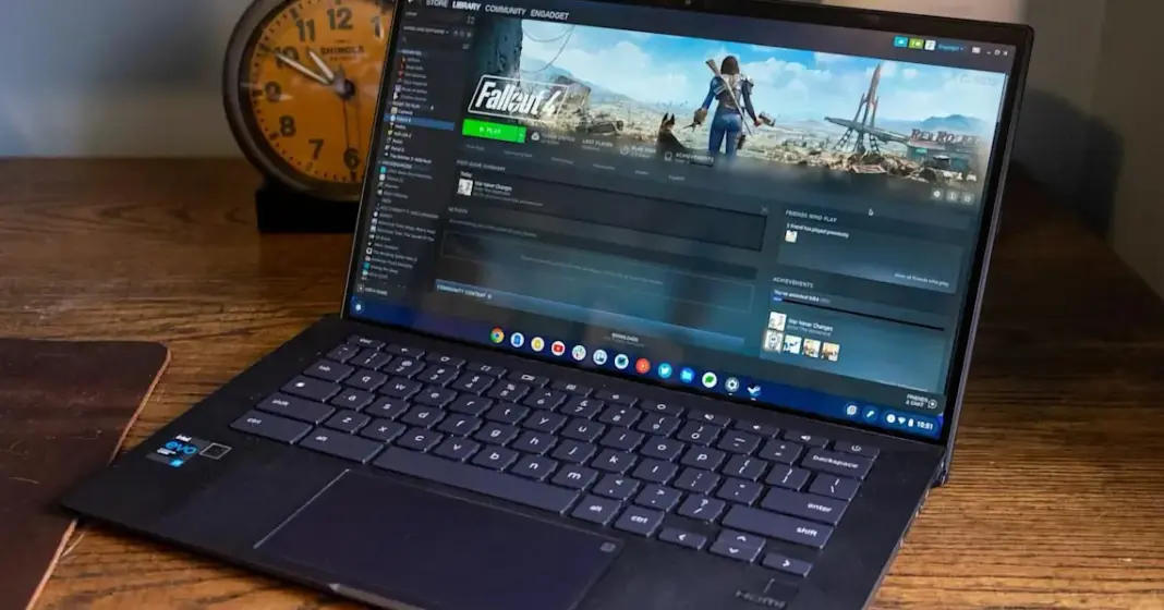 Ilustrasi Chromebook dengan logo Steam yang akan dihentikan dukungannya