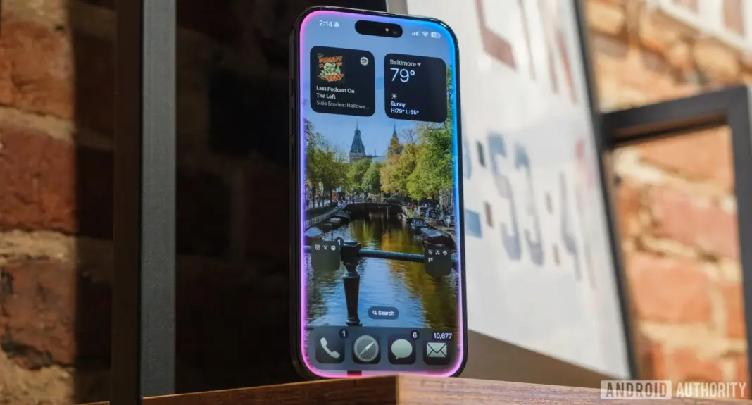 Ilustrasi Siri dengan efek cahaya AI, simbol pembaruan Apple