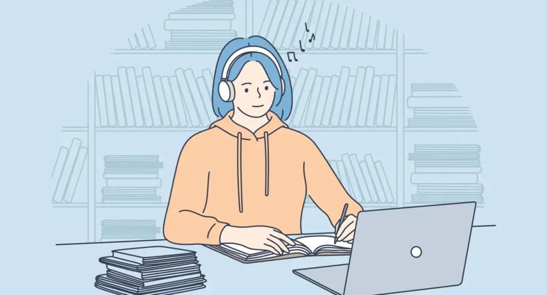 Pelajar menggunakan laptop dan aplikasi produktivitas