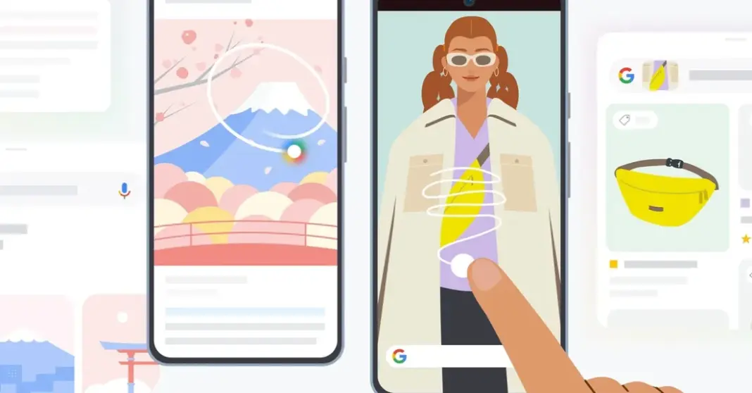 Ilustrasi tiga smartphone menampilkan layar dengan fitur Circle to Search