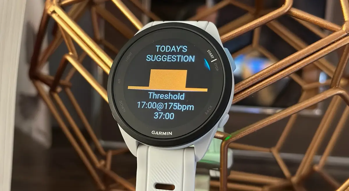 A daily suggested workout of a Threshold run on the Garmin Forerunner 165.