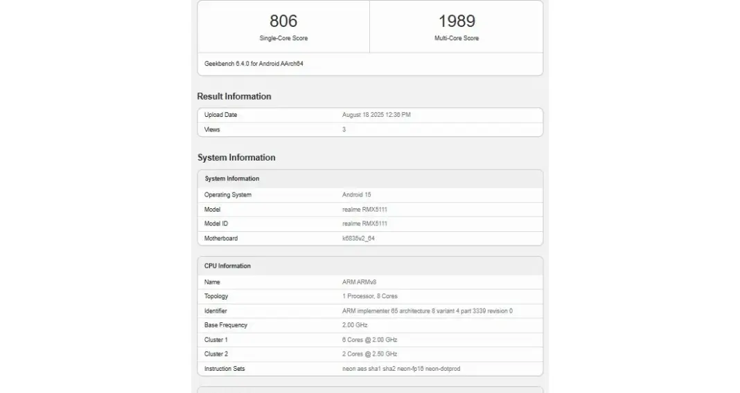 Realme 15T terlihat di database Geekbench dengan chipset MediaTek Dimensity 6400 Max