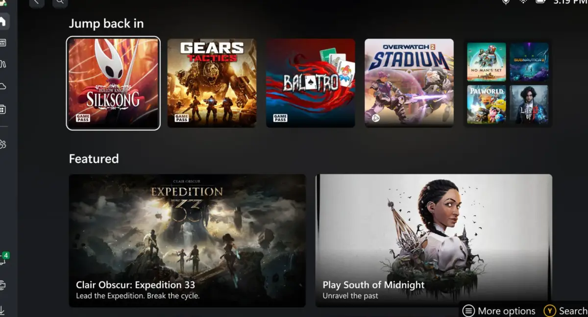 ROG Xbox Ally user interface screenshot showing a selection of games