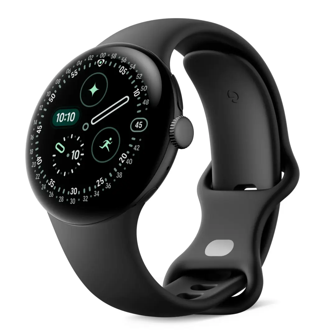 Google Pixel Watch 4 dalam varian Matte Black Aluminum case dengan Obsidian Active Band, tersedia ukuran 41mm dan 45mm