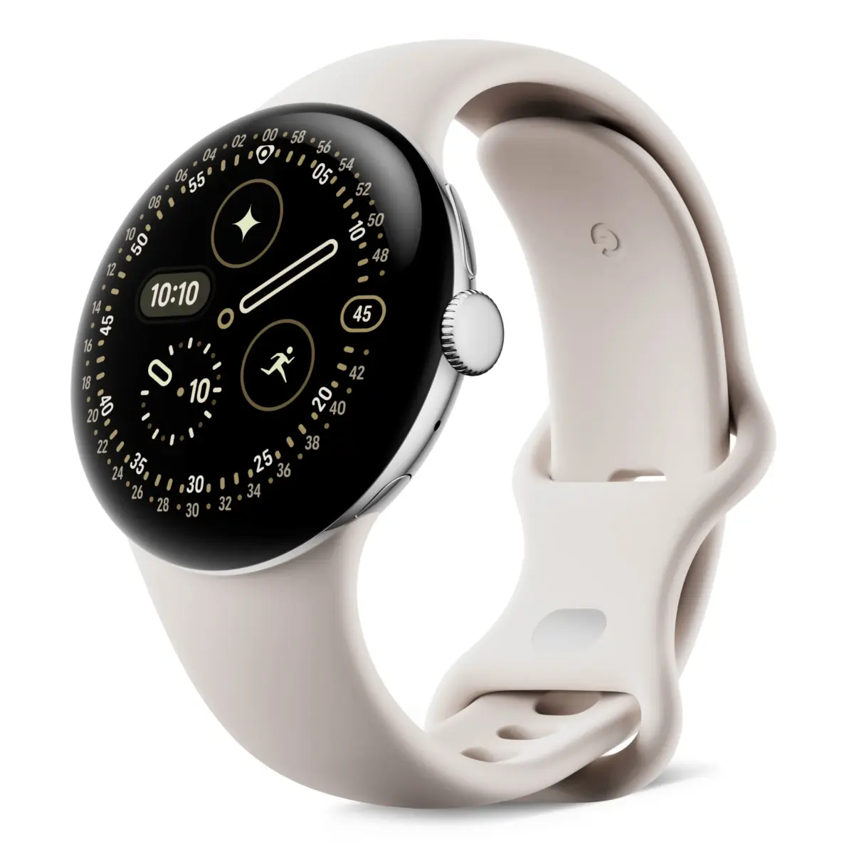 Google Pixel Watch 4 in Polished Silver Aluminum case / Porcelain Active Band (45mm, 41mm)
