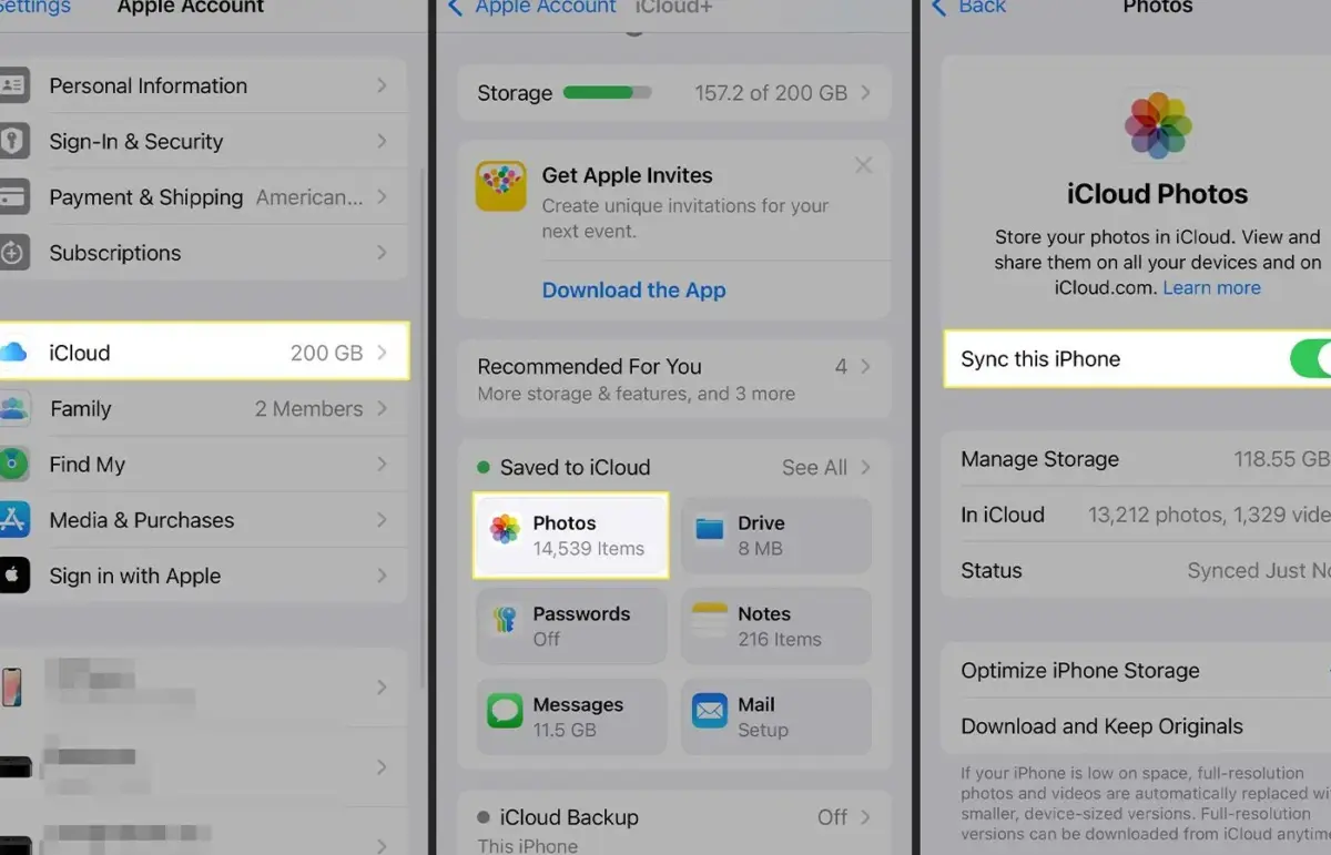 Steps on an iPhone showing how to sync photos with iCloud in Settings