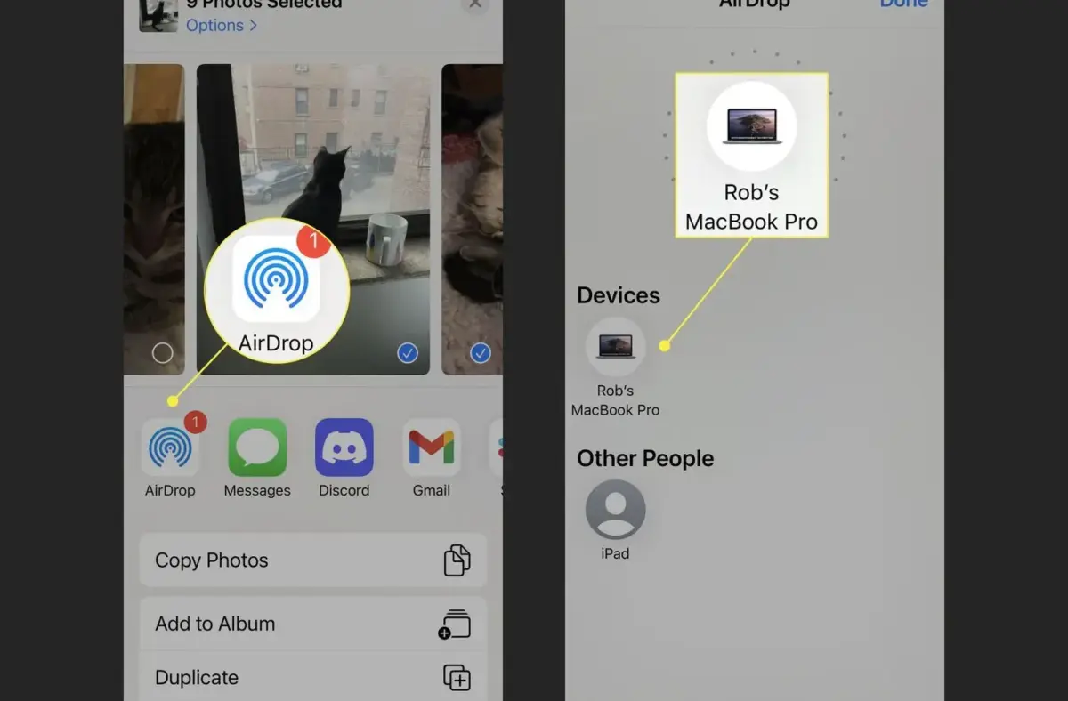 AirDrop in action sending photos from the Photos app on an iPhone