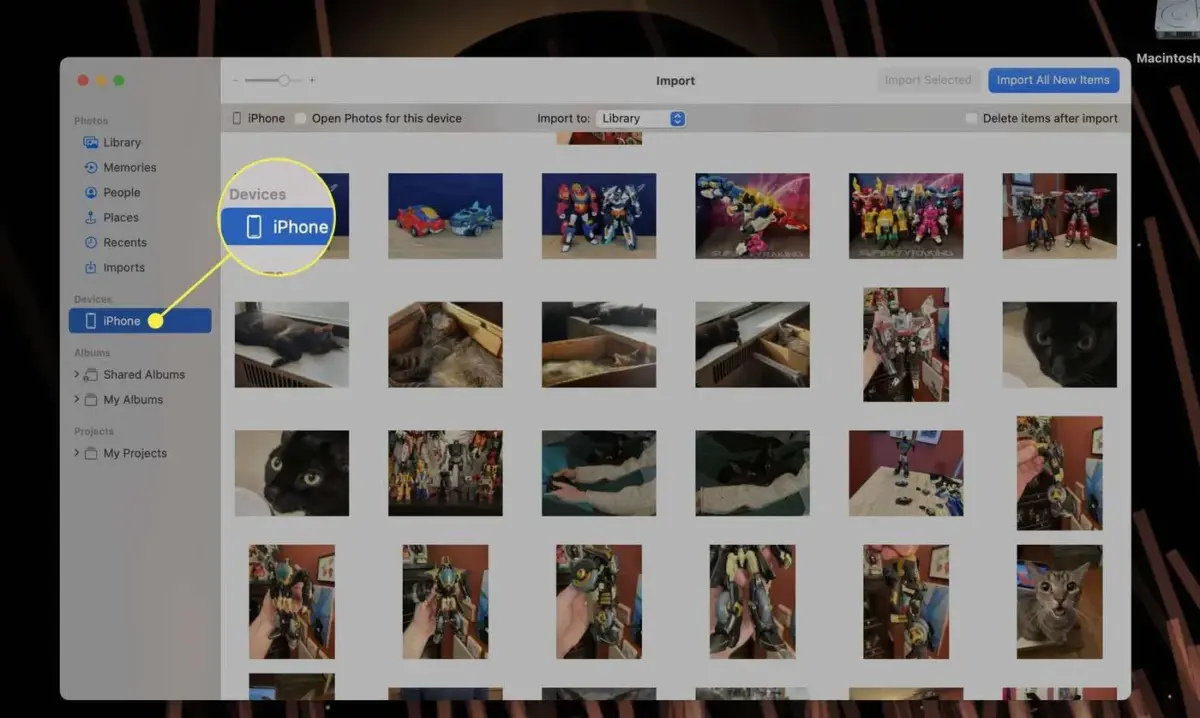 Where to find your connected iPhone in the Photos app on a Mac