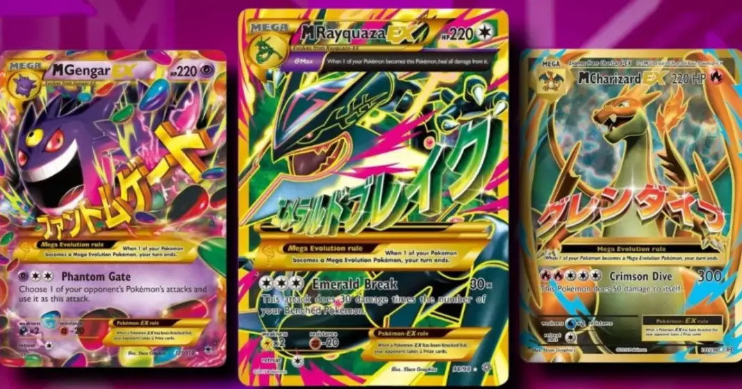 Kartu Pokémon Mega Evolution dengan latar belakang pola pink