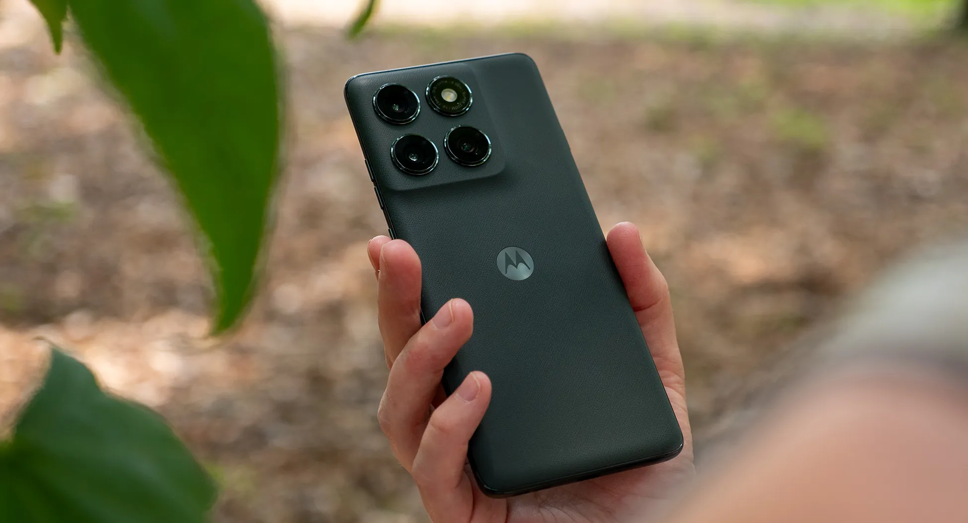 The vegan leather back of the forest green Motorola Edge 2025