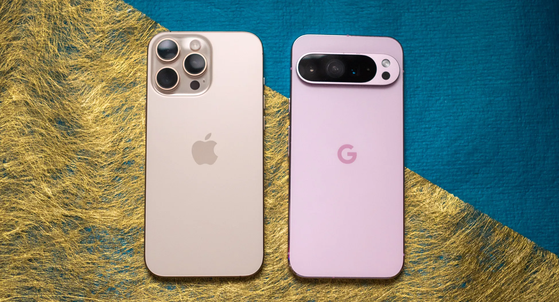 Apple iPhone 16 Pro Max next to Pixel 9 Pro XL