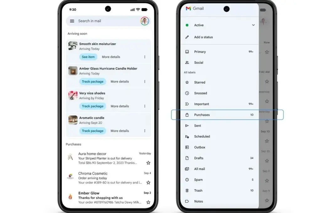 Tampilan baru Purchases dan tab Promotions yang diperbarui di Gmail