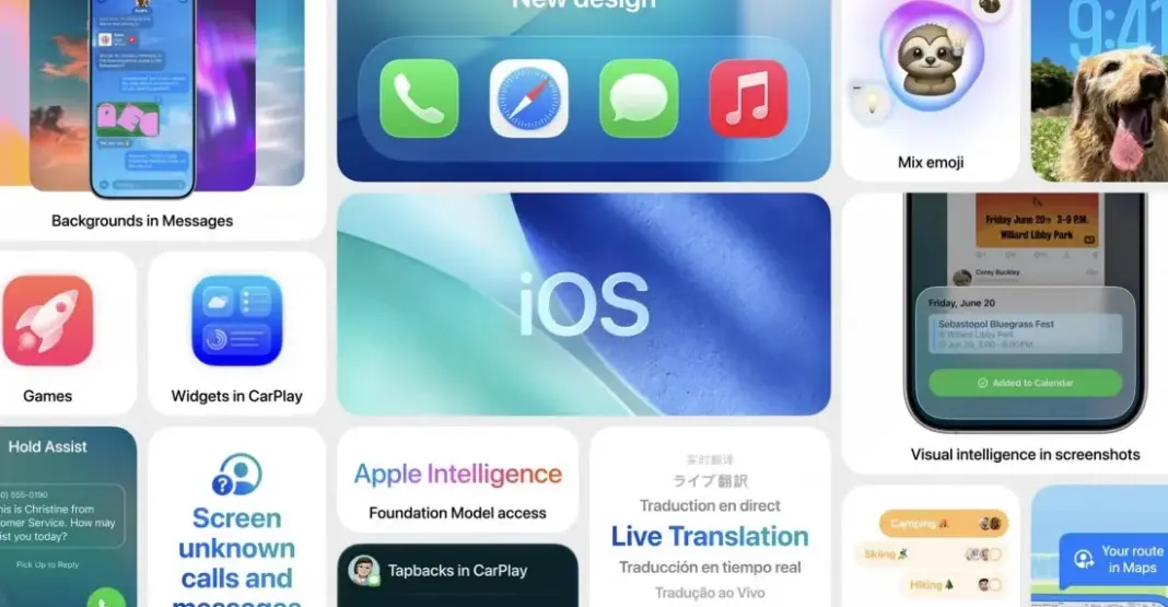 iPhone dengan tampilan iOS 26 Liquid Glass pada layar home
