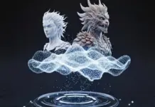 Ilustrasi antarmuka Hunyuan 3D 3.0 Tencent dengan model karakter 3D realistis