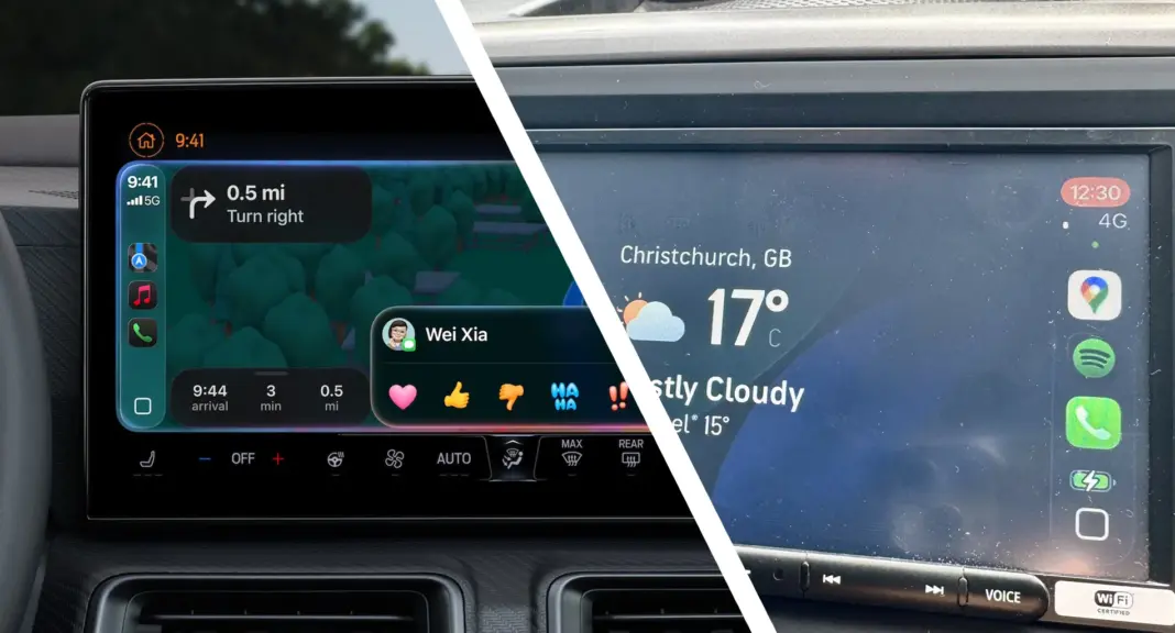 Dua dashboard mobil menampilkan Apple CarPlay dengan antarmuka iOS 26