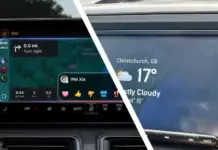 Dua dashboard mobil menampilkan Apple CarPlay dengan antarmuka iOS 26