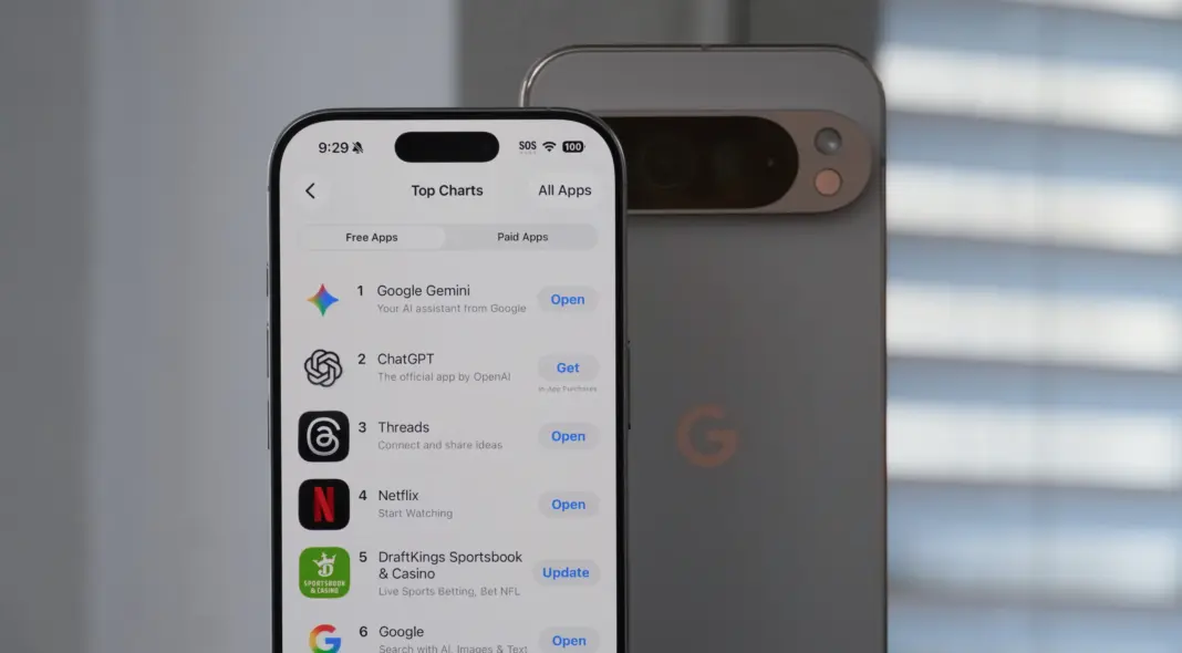 Gemini listed as the top iOS app with a Pixel in the background