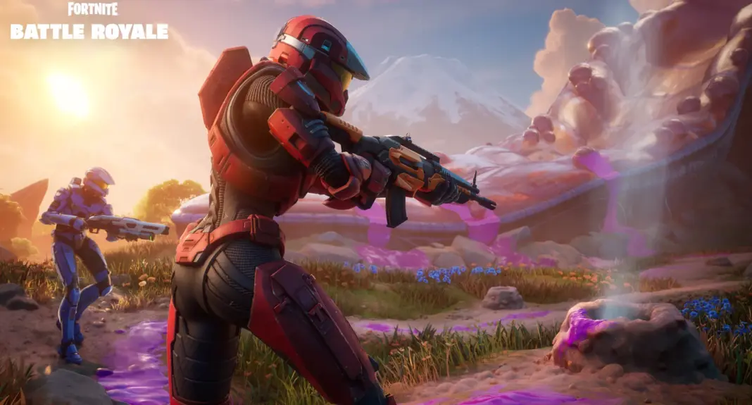 Halo Spartans in red and blue armor walk across a steamy landscape, with pink liquid on the ground