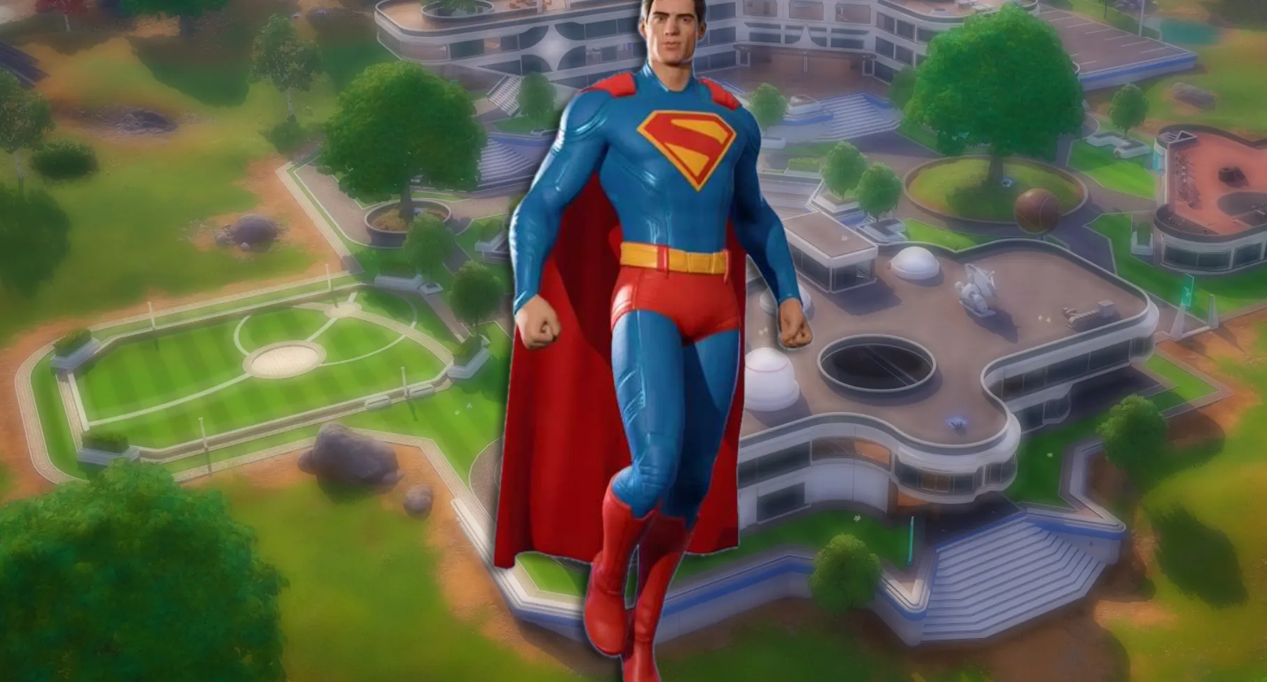 Superman flying against a blurred background of Fortnite's Supernova Academy