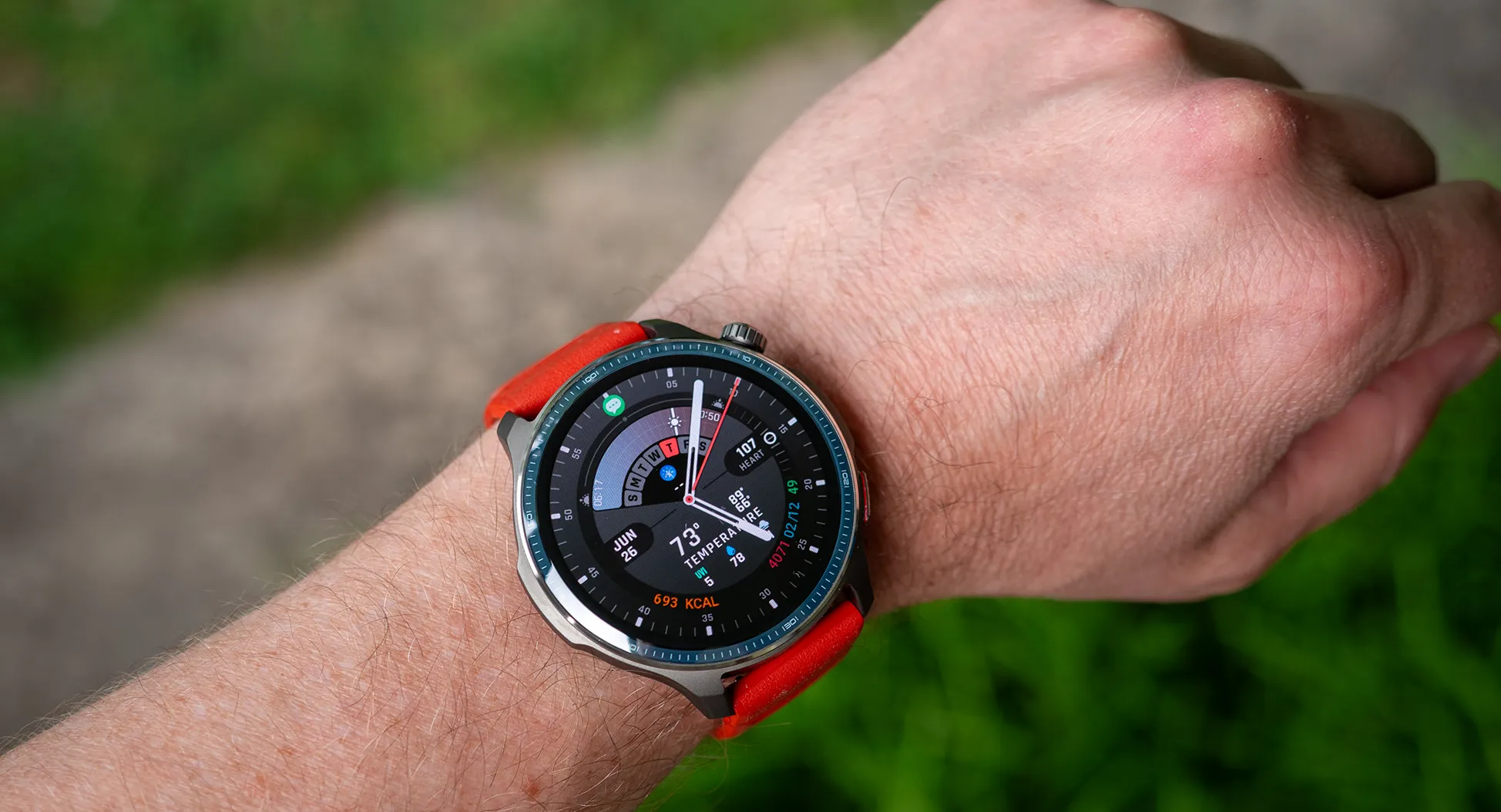 The Amazfit Balance 2 smartwatch with an orange band