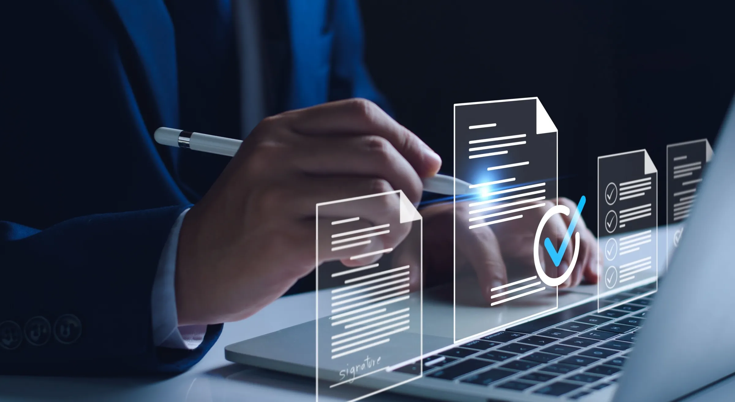 Manager is verifying the validity, security, approving requests, quality assurance, investment contracts. Online digital document work, paperless office. online survey. Checking mark up on check boxes